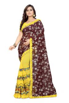 Brown Embroidered Georgette Saree With Blouse