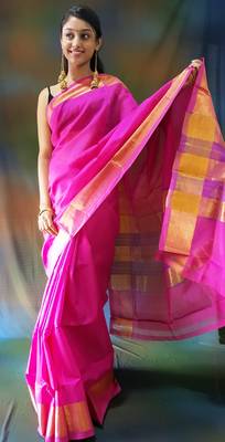 Pink hand woven silk cotton saree with blouse 1