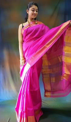 Pink hand woven silk cotton saree with blouse 4