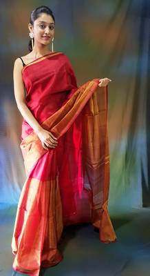 Dark blood red hand woven silk saree with blouse 1