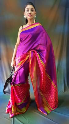 Dark purple hand woven silk saree with blouse 1