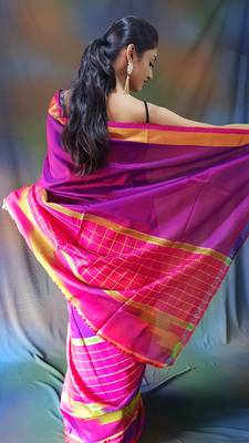 Dark purple hand woven silk saree with blouse 3