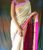 Off white hand woven silk saree with blouse