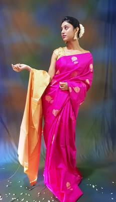 Rani pink hand woven silk saree with blouse 1