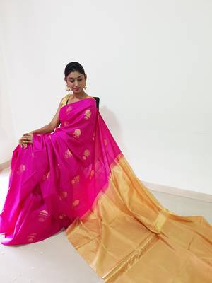 Rani pink hand woven silk saree with blouse 3