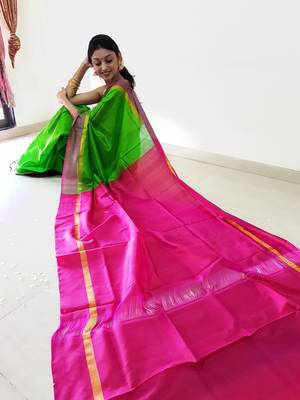Parrot green hand woven silk saree with blouse 1