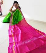 Parrot green hand woven silk saree with blouse