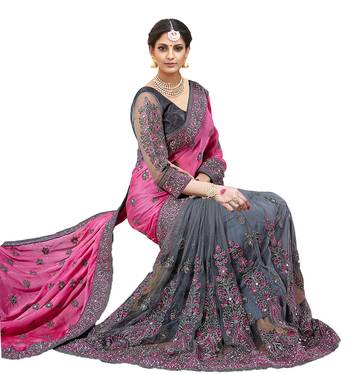 Light pink & grey  embroidered  silk & net  saree with blouse 1