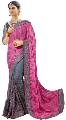 Light pink & grey  embroidered  silk & net  saree with blouse 2