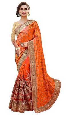 Orange embroidered  silk & net saree with blouse 2