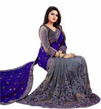 Dark blue embroidered silk & net saree with blouse 1