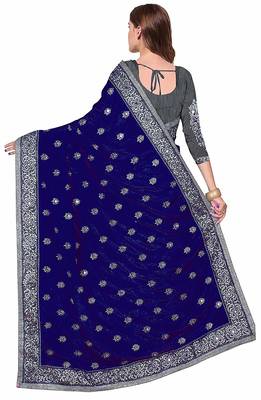 Dark blue embroidered silk & net saree with blouse 3