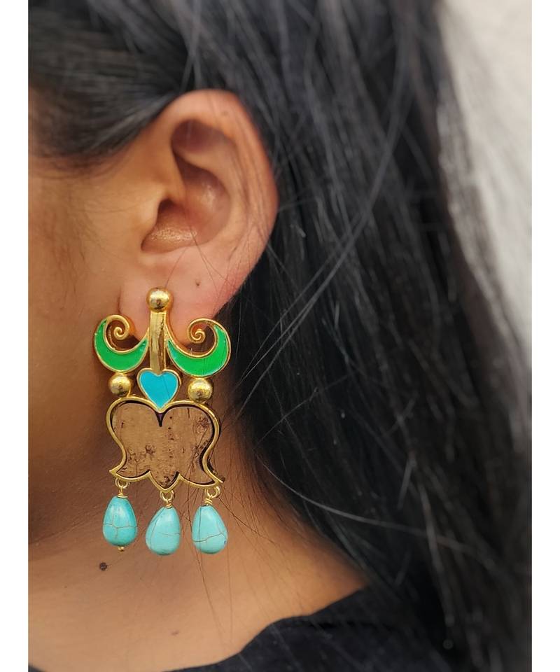 Gold plated Chambali earrings with semi precious stones and handcut wood