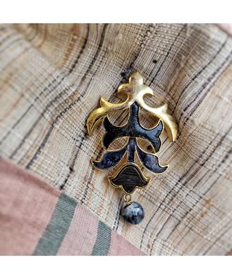 Gold plated Buta brooch with enamel, wood and semi precious stone 1