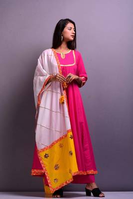 Magenta plain cotton kurta sets 1