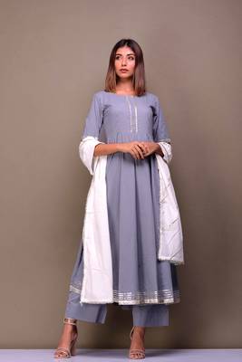 Grey plain cotton kurta sets 1
