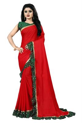 Red plain georgette saree with blouse 1