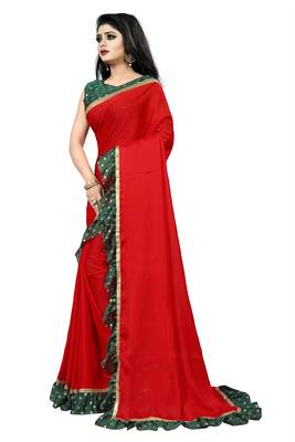 Red plain georgette saree with blouse 2