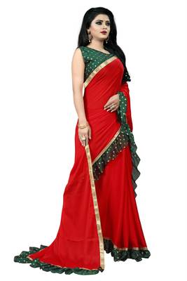 Red plain georgette saree with blouse 3