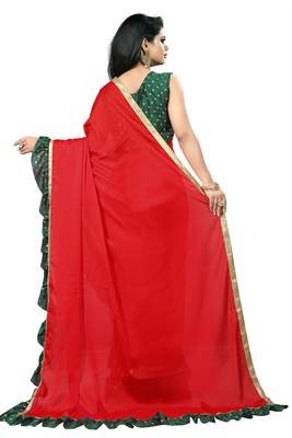 Red plain georgette saree with blouse 4