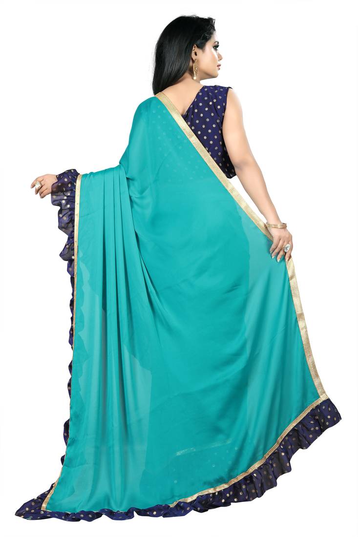 Women's Georgette Teal blue Woven Design Designer Saree With Blouse Piece