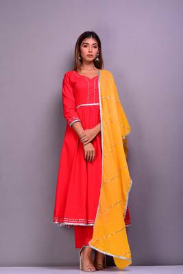 Red plain cotton kurta sets 1