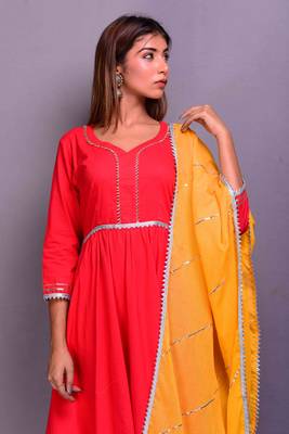 Red plain cotton kurta sets 2