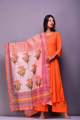 Orange plain rayon kurta sets 1