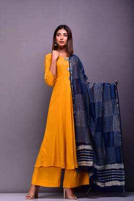 Mustard plain rayon kurta sets 1