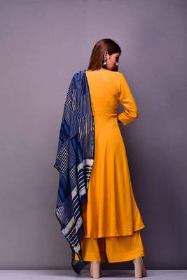 Mustard plain rayon kurta sets 3