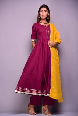 Wine plain cotton kurta sets 1