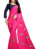 Pink embroidered faux silk saree with blouse