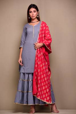 Grey plain cotton kurta sets 1