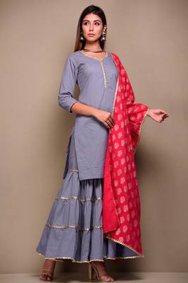 Grey plain cotton kurta sets 3