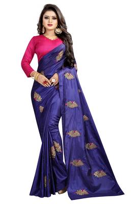 Blue embroidered faux silk saree with blouse 1