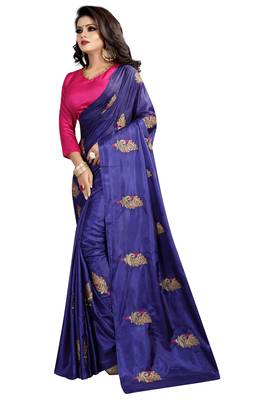 Blue embroidered faux silk saree with blouse 2