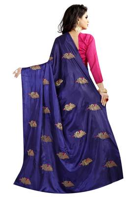 Blue embroidered faux silk saree with blouse 3