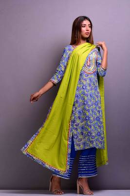 Blue printed cotton kurta sets 1