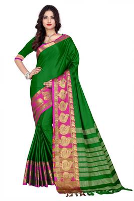 Green woven cotton silk saree with blouse 1
