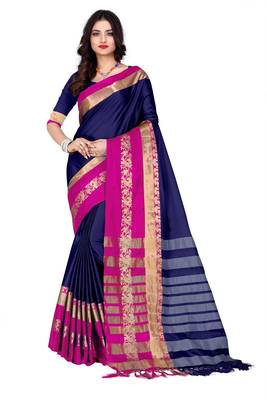 Blue woven cotton silk saree with blouse 1