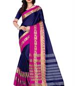 Blue woven cotton silk saree with blouse