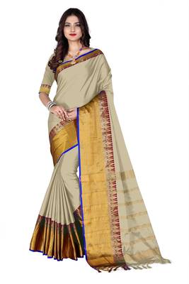 Cream woven cotton silk saree with blouse 1
