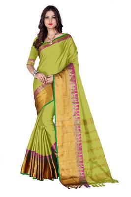 Light green woven cotton silk saree with blouse 1