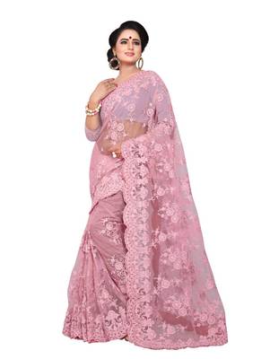 Light pink embroidered net saree with blouse 1