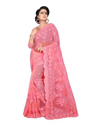 Pink embroidered net saree with blouse 1
