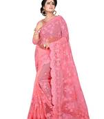 Pink embroidered net saree with blouse