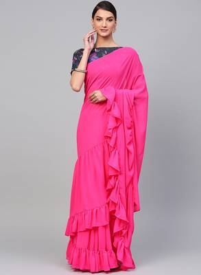 Inddus Pink Georgette Solid Ruffle Saree 1
