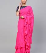 Inddus Pink Georgette Solid Ruffle Saree
