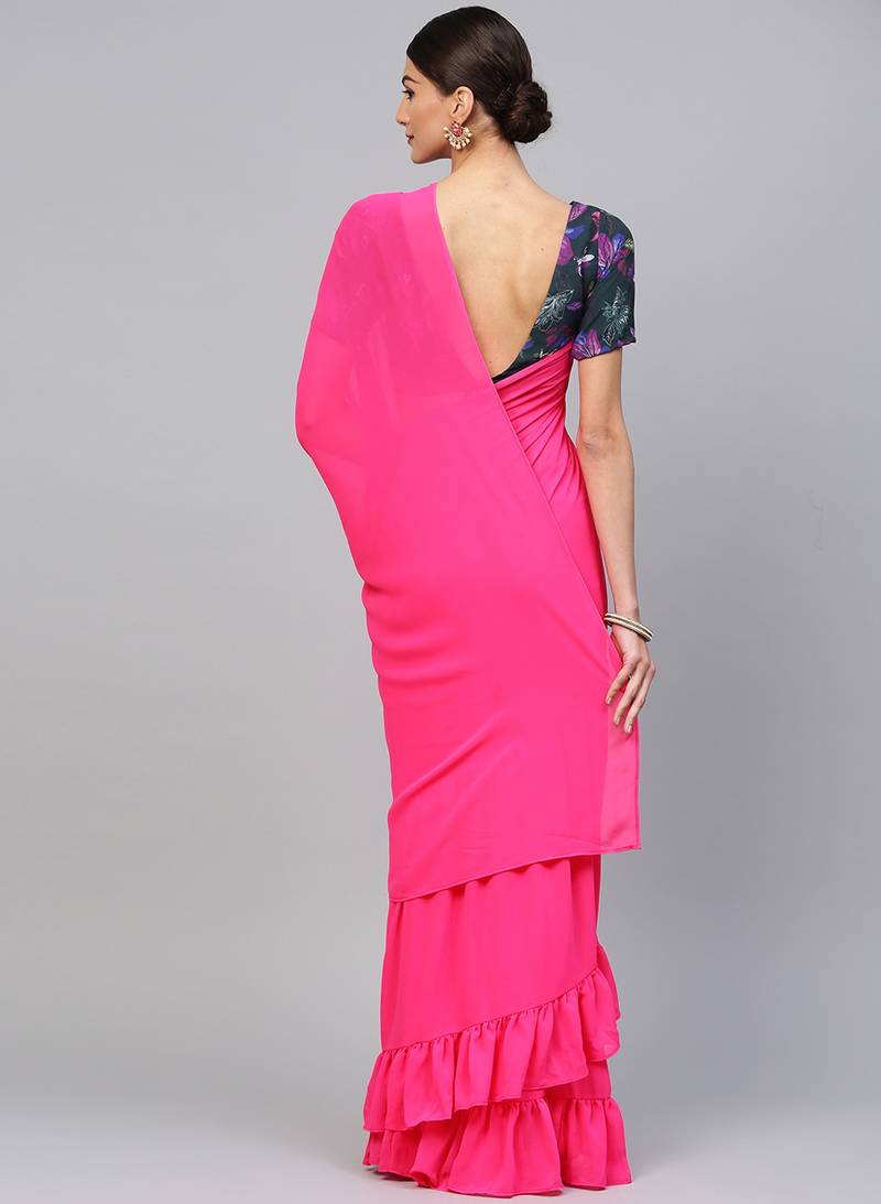 Inddus Pink Georgette Solid Ruffle Saree