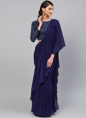 Inddus Navy Blue Georgette Solid Ruffle Saree 1